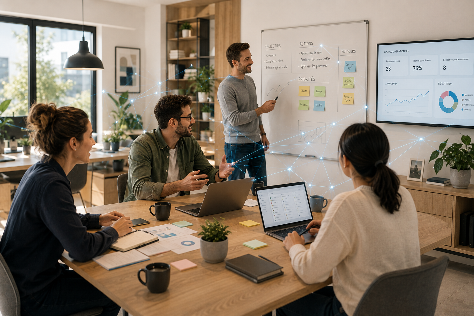 A team collaborates in an operations centre using shared data and follow-ups.